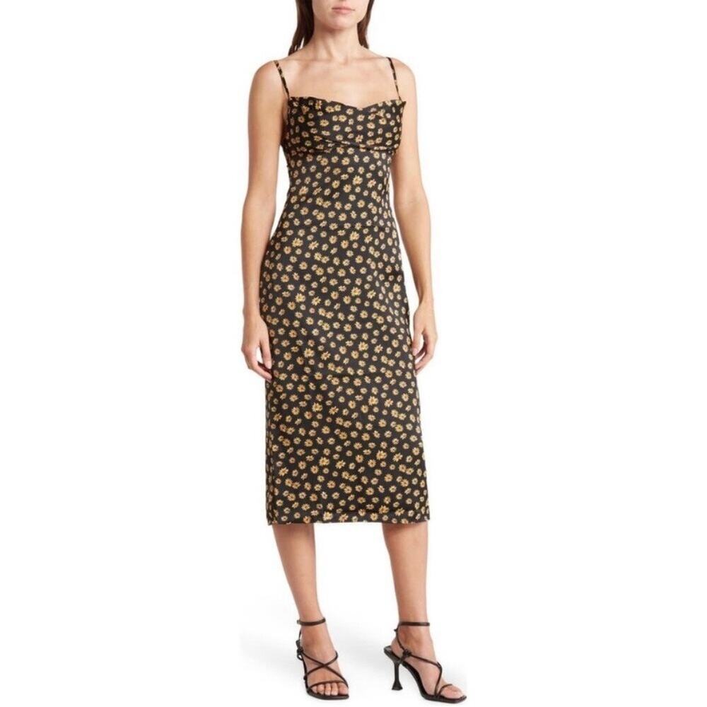WeWoreWhat Cowl Neck Ditsy Daisy Black Midi Dress Women’s Size 6 NWT Cocktail